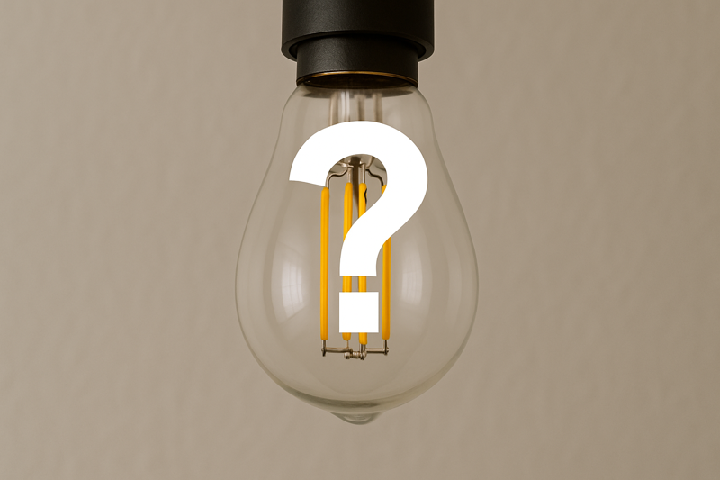 Close-up of an LED Edison bulb with a question mark graphic superimposed, symbolizing troubleshooting
