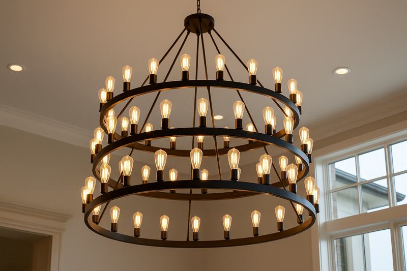 A large chandelier with multiple LED Edison bulbs