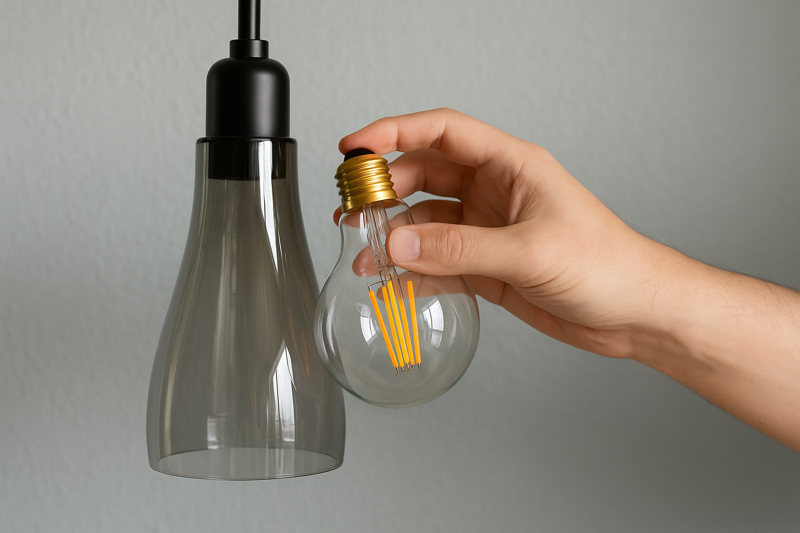 A hand trying to fit a large G125 LED Edison bulb into a small, narrow glass pendant shade where it clearly won't fit.