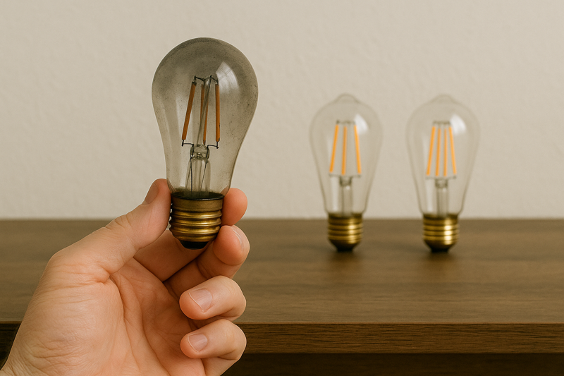 Image of a hand holding a burnt-out LED Edison bulb with new ones in the background