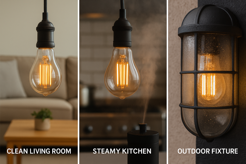 A montage of three images: one bulb in a clean living room, one in a steamy kitchen, and one in an outdoor fixture rated IP66.