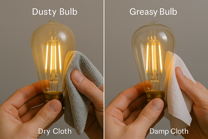 A side-by-side comparison of a dusty bulb and a greasy bulb, with different cleaning tools (dry cloth vs. damp cloth).