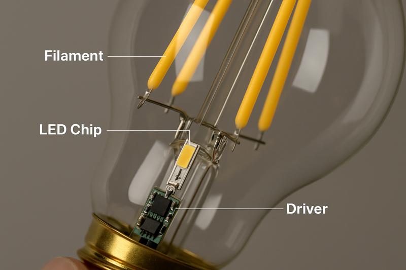 A close-up, cutaway image showing the internal driver, LED chip, and filament structure of a high-quality bulb.