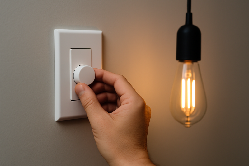 A hand smoothly operating a modern wall dimmer, with an LED Edison bulb glowing consistently at a low level in the background.