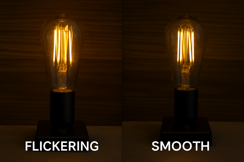 A side-by-side comparison shot: one bulb flickering on a dimmer, the other glowing smoothly.