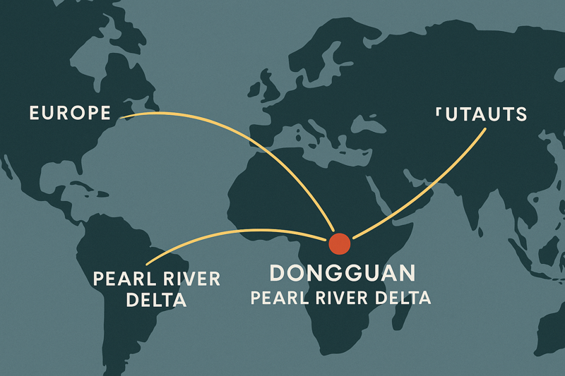 A stylized map of the Pearl River Delta highlighting Dongguan as a manufacturing hub, with lines connecting to Europe and the US.