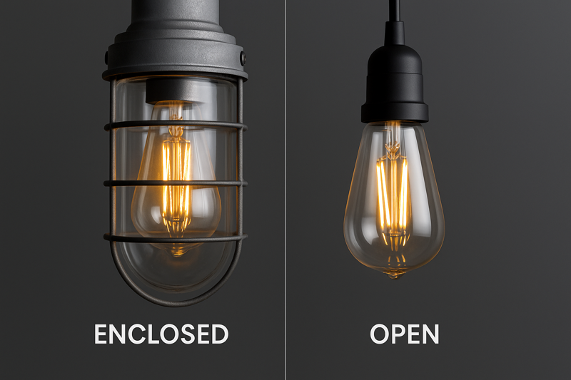 A side-by-side image: one showing an LED bulb inside a fully enclosed 'jelly jar' fixture, the other in an open-air pendant.