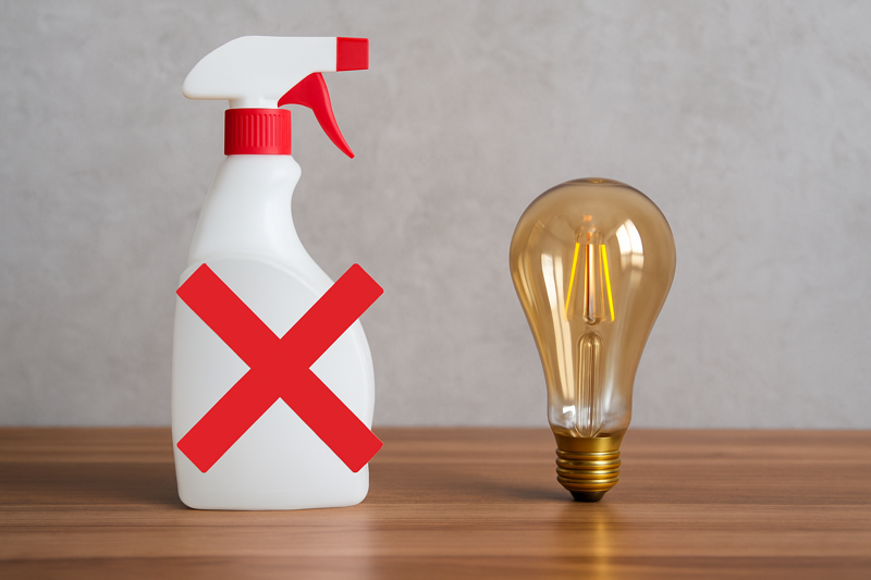 An image showing a spray bottle of harsh cleaner with a large red "X" over it, next to a pristine amber-tinted LED Edison bulb.