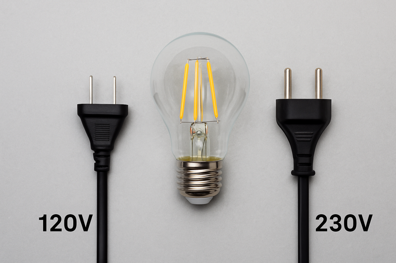 An image showing two power plugs, one for the US (120V) and one for Europe (230V), with an LED bulb in the middle.