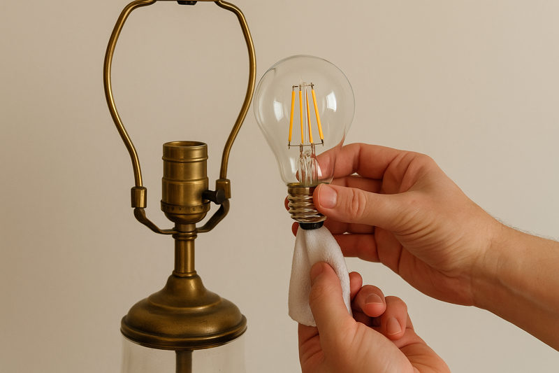 A classic vintage lamp being retrofitted with a new, energy-efficient LED Edison bulb
