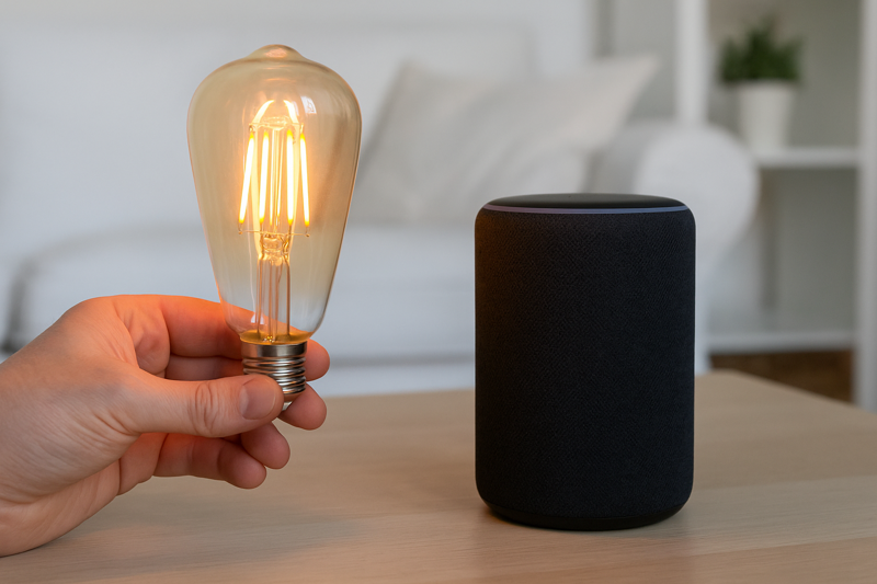 A smart LED filament bulb being controlled by voice assistant