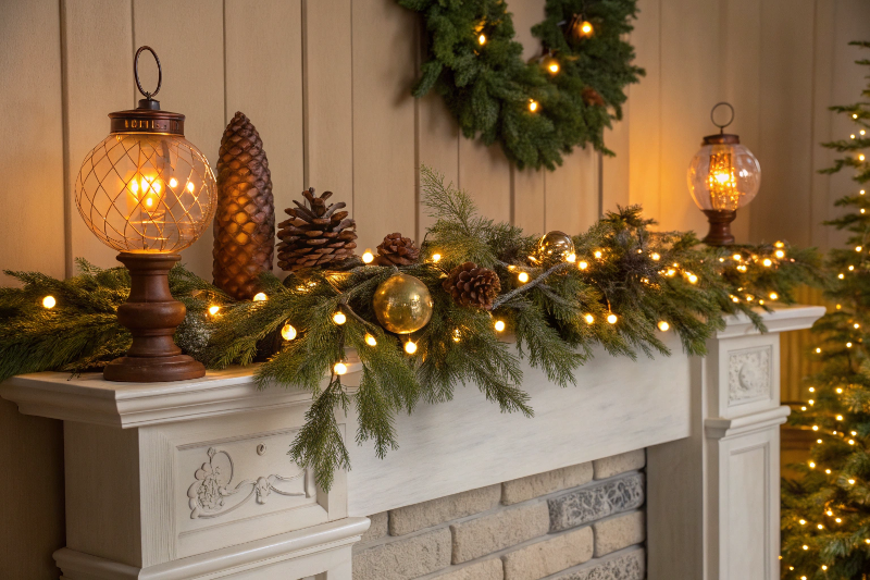 Festive Mantel with LED Edison Bulbs A beautifully decorated festive mantelpiece featuring a pine garland intertwined with small LED Edison bulb string lights, and a few standalone amber globe bulbs on pedestals among the decor.