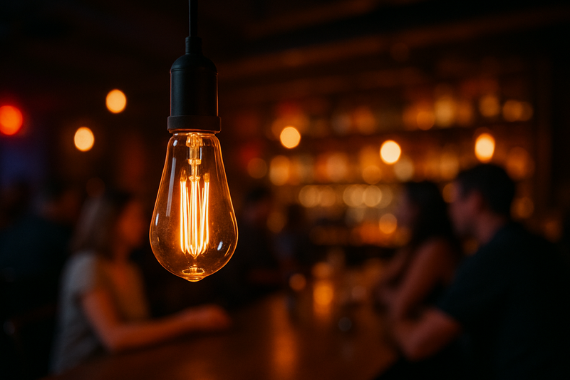 Inviting Bar Atmosphere with LED Edison Bulbs A close-up of an LED Edison bulb hanging over a bar counter, with blurred background of patrons enjoying themselves.