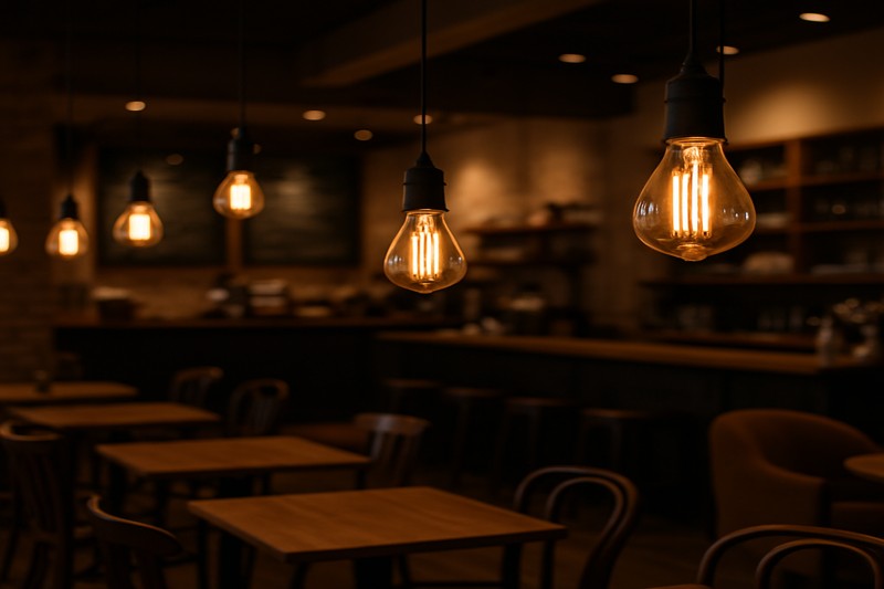 Cozy Coffee Shop with LED Edison Bulbs A well-lit coffee shop interior featuring various LED Edison bulbs, highlighting a cozy and inviting atmosphere