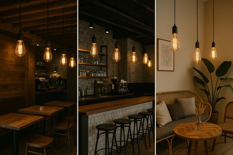Coffee Shop Success with LED Edison Lighting A collage of different coffee shop settings successfully using LED Edison bulbs – one rustic, one industrial, one modern-boho