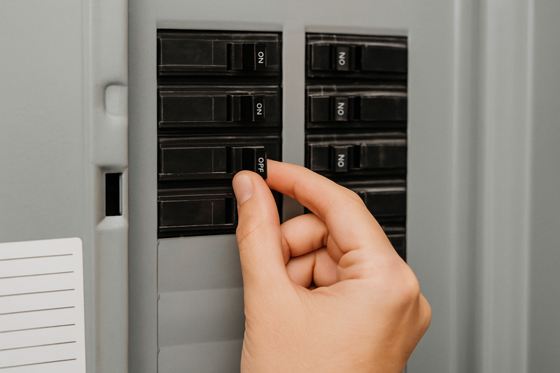 Hand flipping a circuit breaker to the OFF position