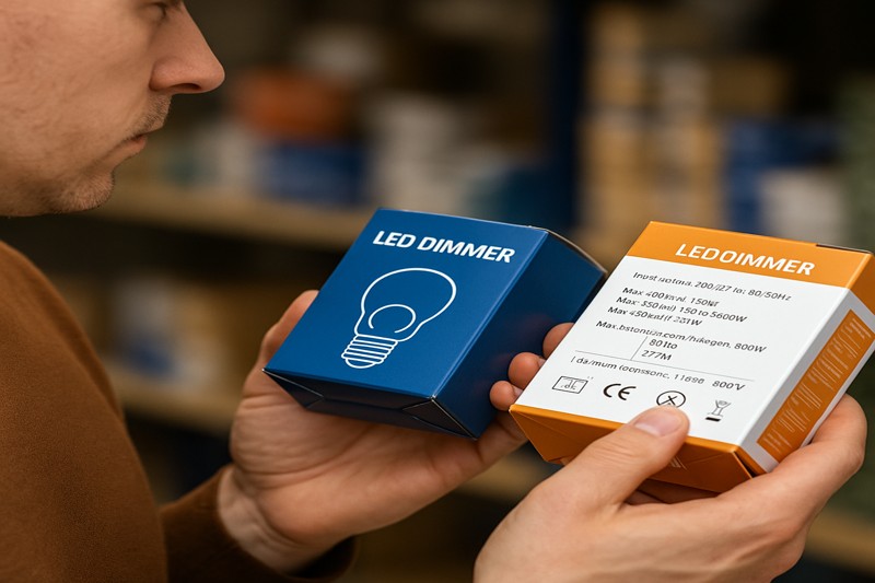 Image of a person carefully comparing packaging and specifications of different LED dimmers