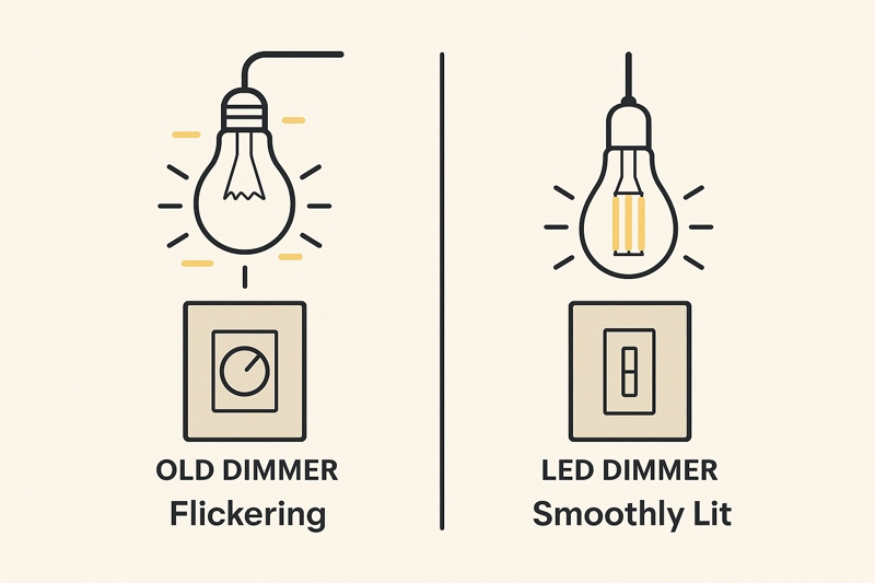 An illustration showing a flickering bulb connected to an old dimmer, and a smoothly lit bulb connected to a modern LED dimmer.