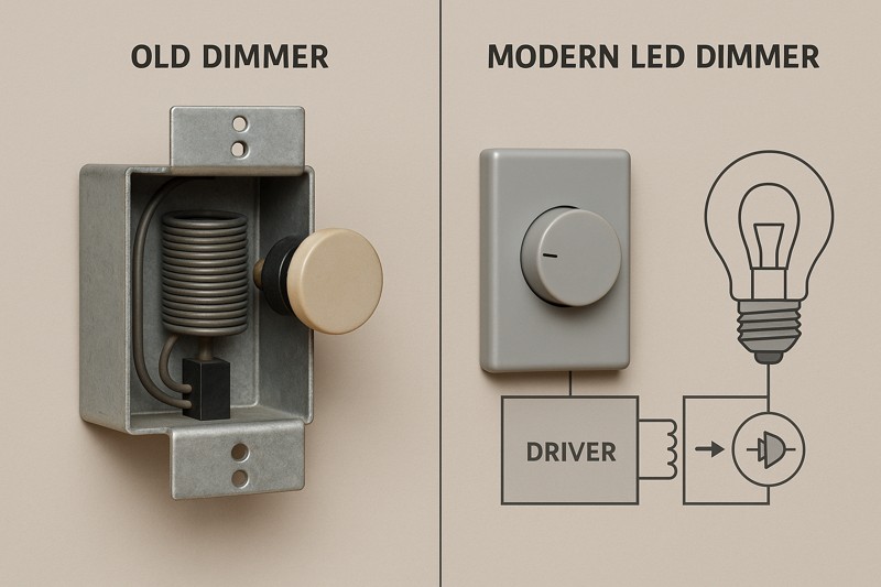 Comparative image: old dimmer internal structure vs. modern LED dimmer and LED bulb driver schematic
