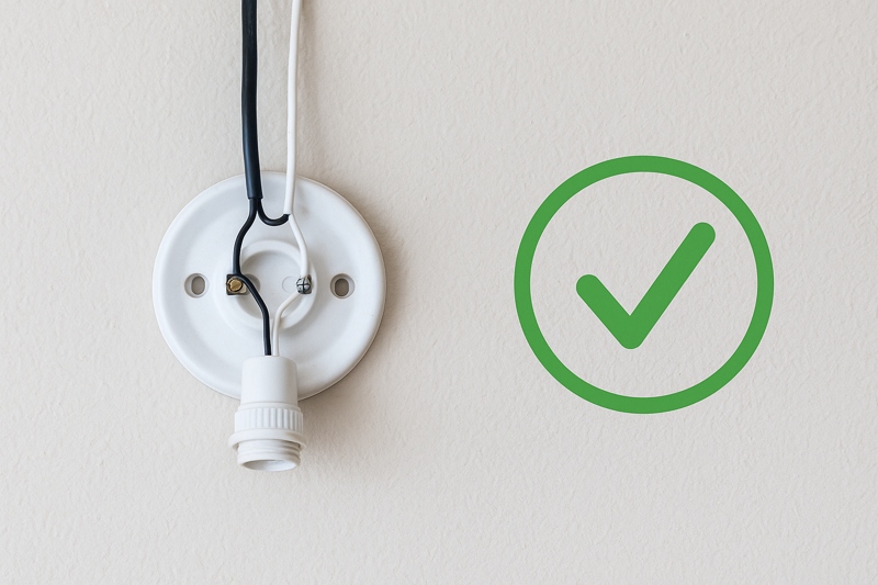 A diagram showing a standard light fixture's simple wiring, with a green checkmark indicating it is LED-ready.