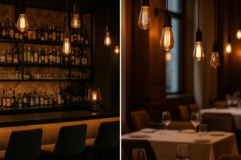 Hotel Restaurant & Bar with LED Edison Bulbs A trendy hotel bar illuminated with various LED Edison bulbs, some exposed, some in cage fixtures, creating a hip and inviting atmosphere. Another image could show an elegant hotel restaurant with soft LED Edison pendant lights over tables.
