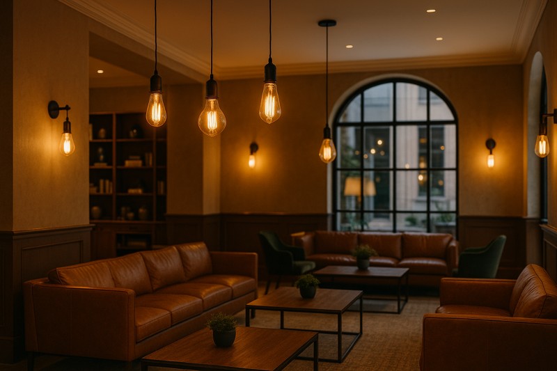 Hotel Lobby with LED Edison Bulbs A stylish hotel lobby featuring LED Edison bulbs in various fixtures, creating a warm, inviting, and modern-yet-vintage ambiance.