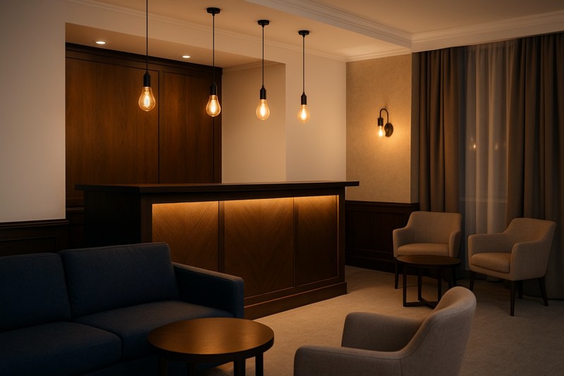 Welcoming Hotel Lobby with LED Edison Bulbs A chic hotel reception desk illuminated by elegant pendant LED Edison bulbs, with comfortable seating areas nearby also featuring these lights.