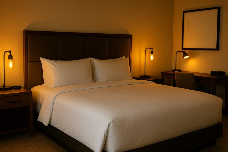 Cozy Hotel Room with LED Edison Bulbs A well-appointed hotel guest room with LED Edison bulbs in bedside lamps and a stylish desk lamp, creating a cozy and inviting atmosphere.