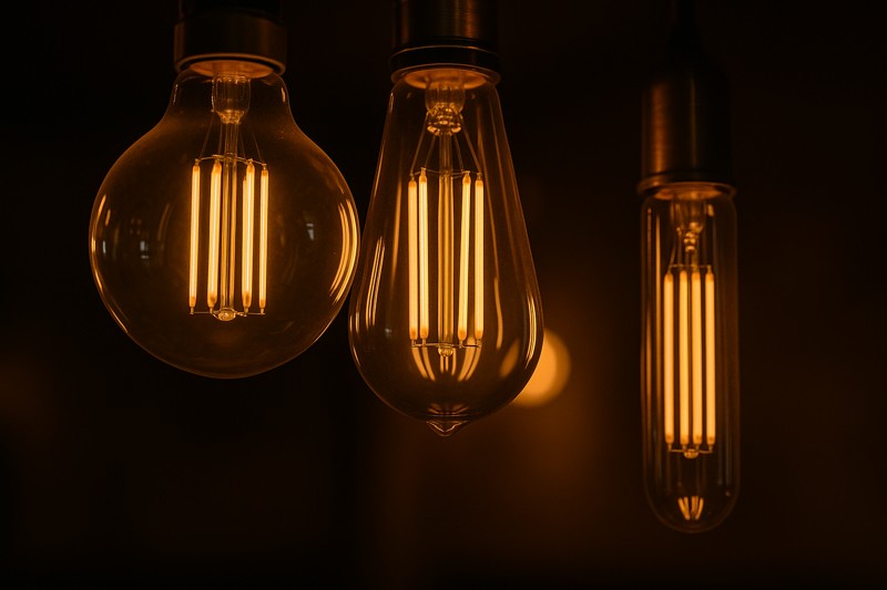 Various LED Edison Bulb Styles for Cafes A close-up shot of different styles of LED Edison bulbs (e.g., ST64, G95, T30) glowing warmly