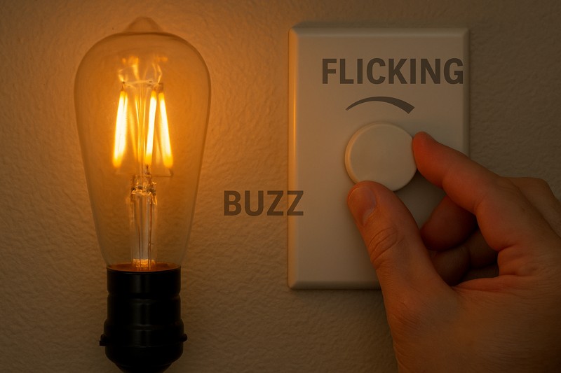 GIF or short video showing LED bulb flickering and making noise with an incompatible dimmer