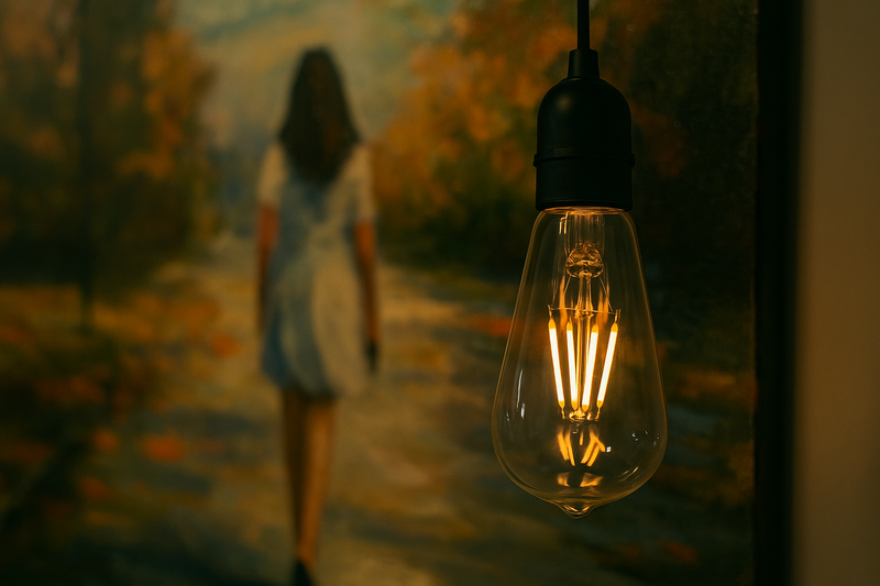 Close-up of an LED Edison bulb highlighting a painting