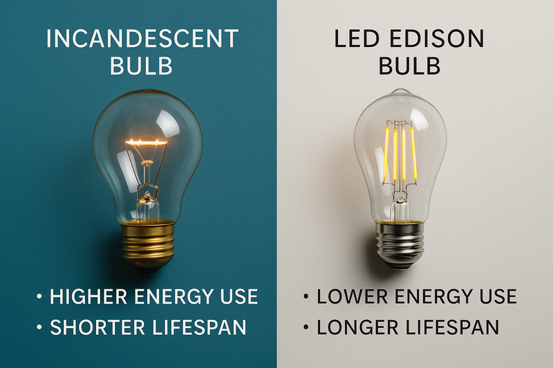 LED Edison Bulb Efficiency and Savings An infographic or split image showing an old incandescent bulb next to a sleek LED Edison bulb, with comparison points like energy use and lifespan.