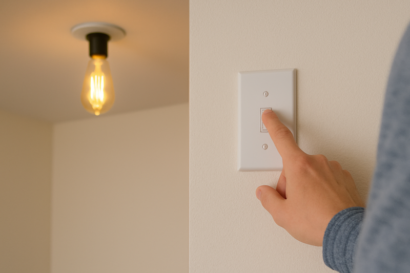 Person flipping a light switch ON to test a newly installed bulb