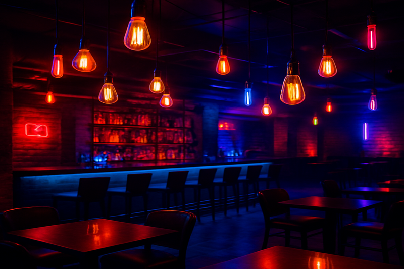 Dynamic Nightlife Lighting with LED Edison Bulbs A vibrant nightclub scene or a moody bar interior, dramatically lit with various LED Edison bulbs, highlighting the atmosphere and design.