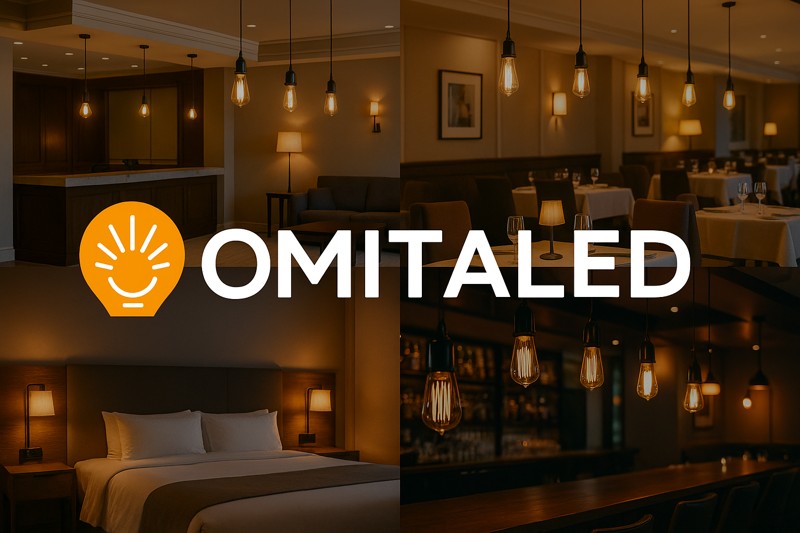 Omitaled logo with a montage of beautifully lit hotel spaces (lobby, room, restaurant) using their LED Edison bulbs