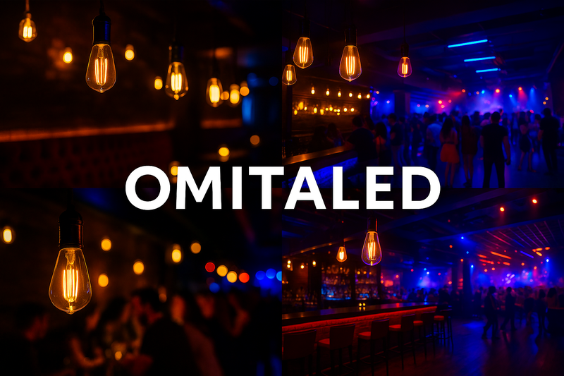 Omitaled logo with a dynamic collage of nightlife scenes lit with their LED Edison bulbs