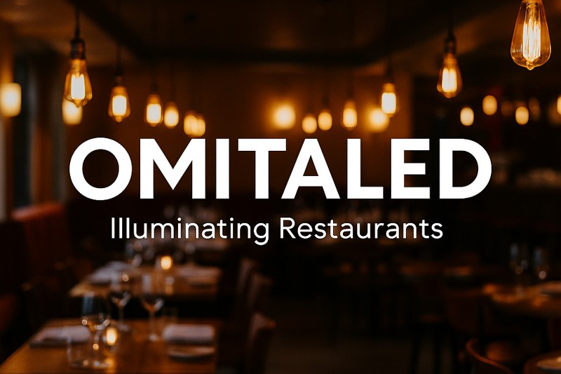 Omitaled logo with a backdrop of beautifully lit restaurant interiors