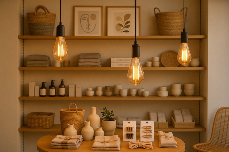 A beautifully arranged product display in a retail store, enhanced by the warm light of LED Edison bulbs.