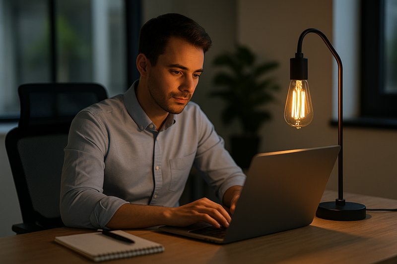 Office worker at a desk well-lit by an LED Edison style desk lamp