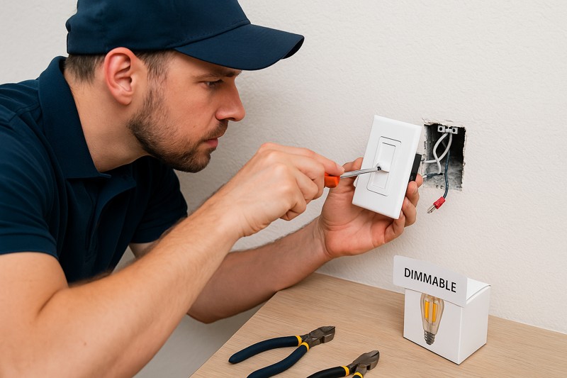 Image of an electrician replacing a dimmer switch panel on a wall