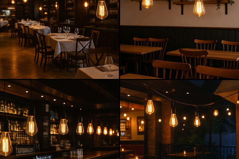 Various examples of LED Edison bulbs used in different restaurant settings: fine dining, casual cafe, bar area, outdoor patio.
