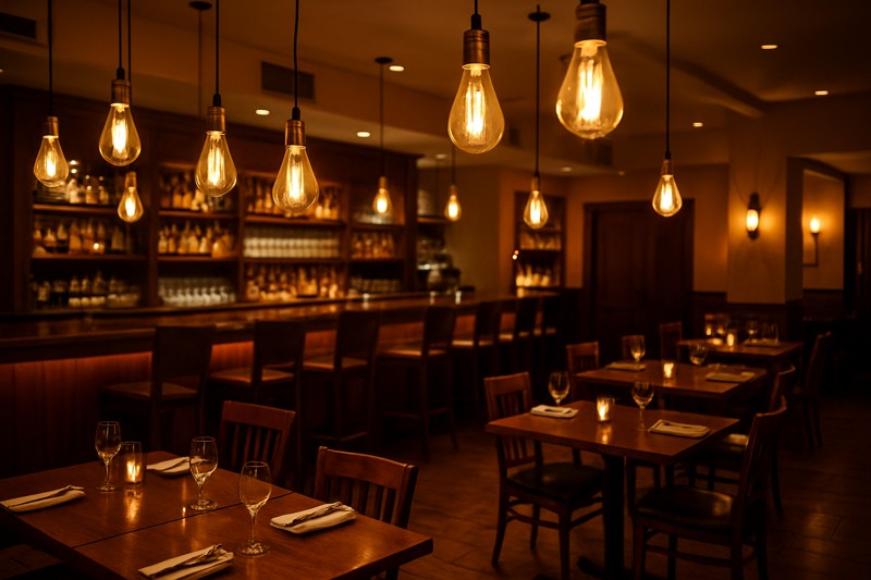 A beautifully lit restaurant interior showcasing LED Edison bulbs over tables and bar areas, creating a warm and inviting atmosphere.