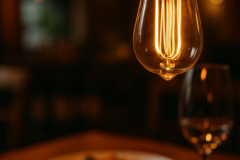 A close-up of a stylish LED Edison bulb illuminating a dining table, highlighting food and creating a cozy feel.