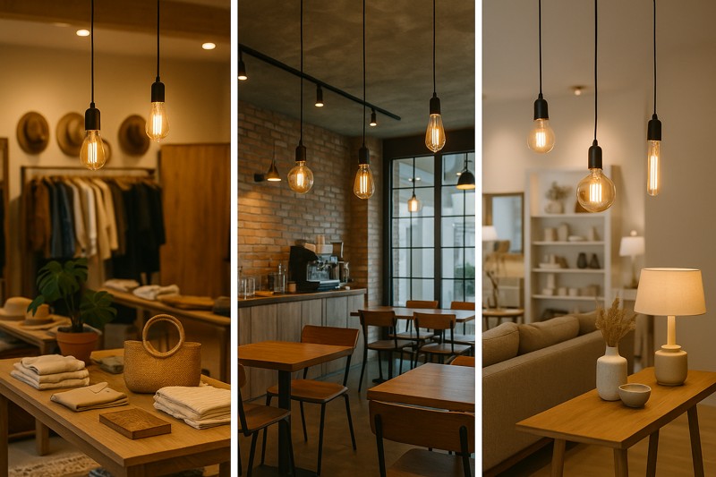 Different retail settings (boutique, cafe, showroom) creatively using LED Edison bulbs.