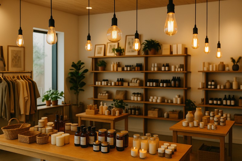 An inviting retail space illuminated with various LED Edison bulbs, showcasing products effectively