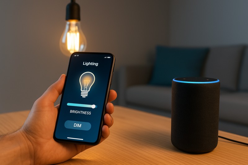 Futuristic image showing smart home control of LED light brightness via a mobile app or voice command