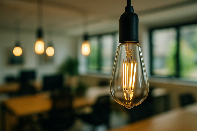 Close-up of an ST64 LED Edison bulb in an office setting