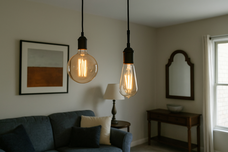 An example of a room with improperly scaled, clashing Edison bulbs