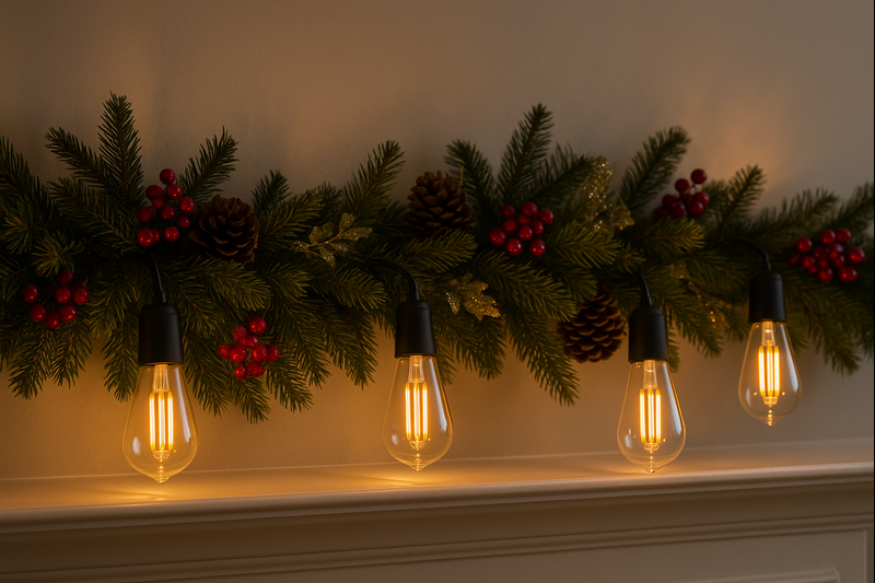 A beautiful Christmas garland on a mantlepiece intertwined with glowing ST64 Edison bulbs