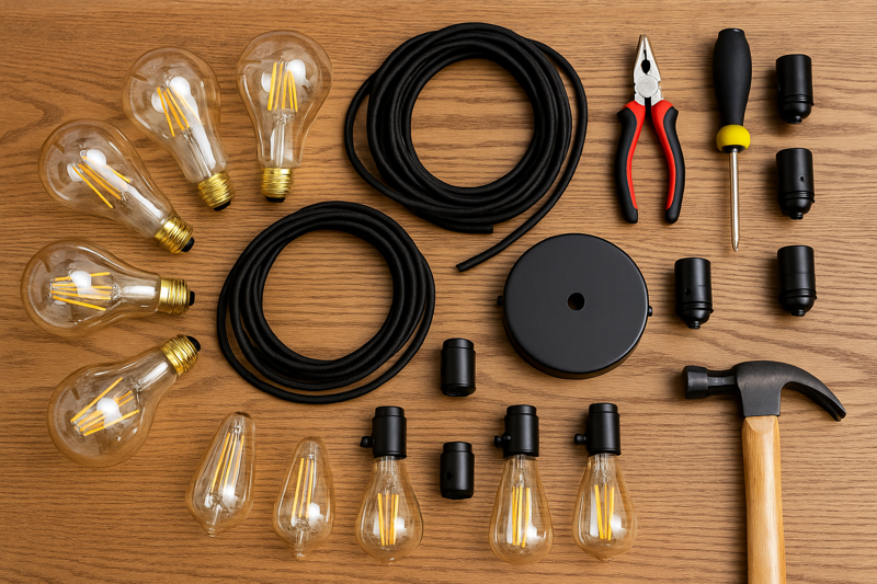 A collection of parts for a DIY chandelier: cords, bulbs, canopy, and tools